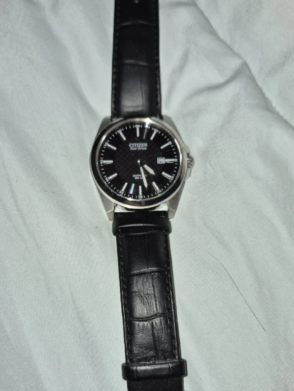 Citizen Black Dial Silver-Tone Case Men's Leather Strap Watch